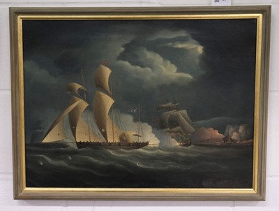 Lot 105 - Buttersworth (James Edward 1817-1894, manner of). Naval Battle by Moonlight, oil