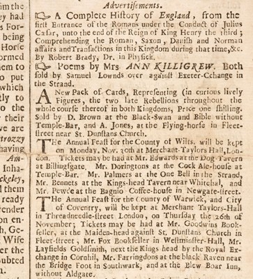 Lot 528 - Playing cards. Advertisement for Monmouth Rebellion playing cards, 12 November 1685