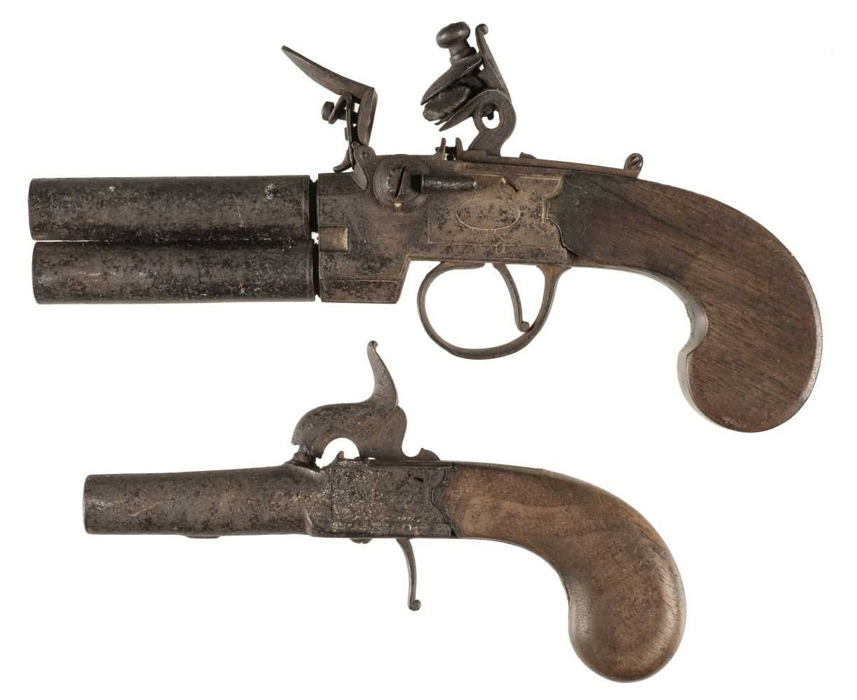 Lot 329 - Pistols. George III lintlock double barrel pistol plus pocket pistol