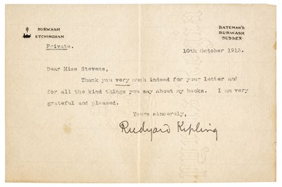 Lot 944 - Kipling (Joseph Rudyard, 1865-1936). Typed letter signed, 1913