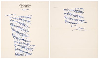 Lot 937 - Gielgud (John, 1904-2000). Autograph Letter Signed, 11 October 1986