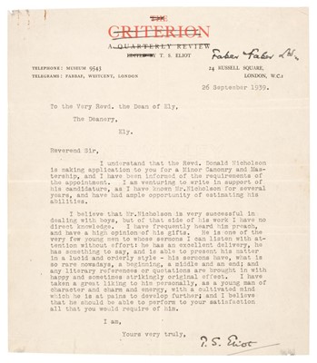 Lot 927 - Eliot (Thomas Stearns, 1888-1967). Typewritten Letter Signed, ’T S Eliot’