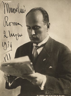 Lot 956 - Mussolini (Benito, 1883-1945). Photograph Signed, ‘Mussolini, Roma, 2 Luglio, 1934, XII’