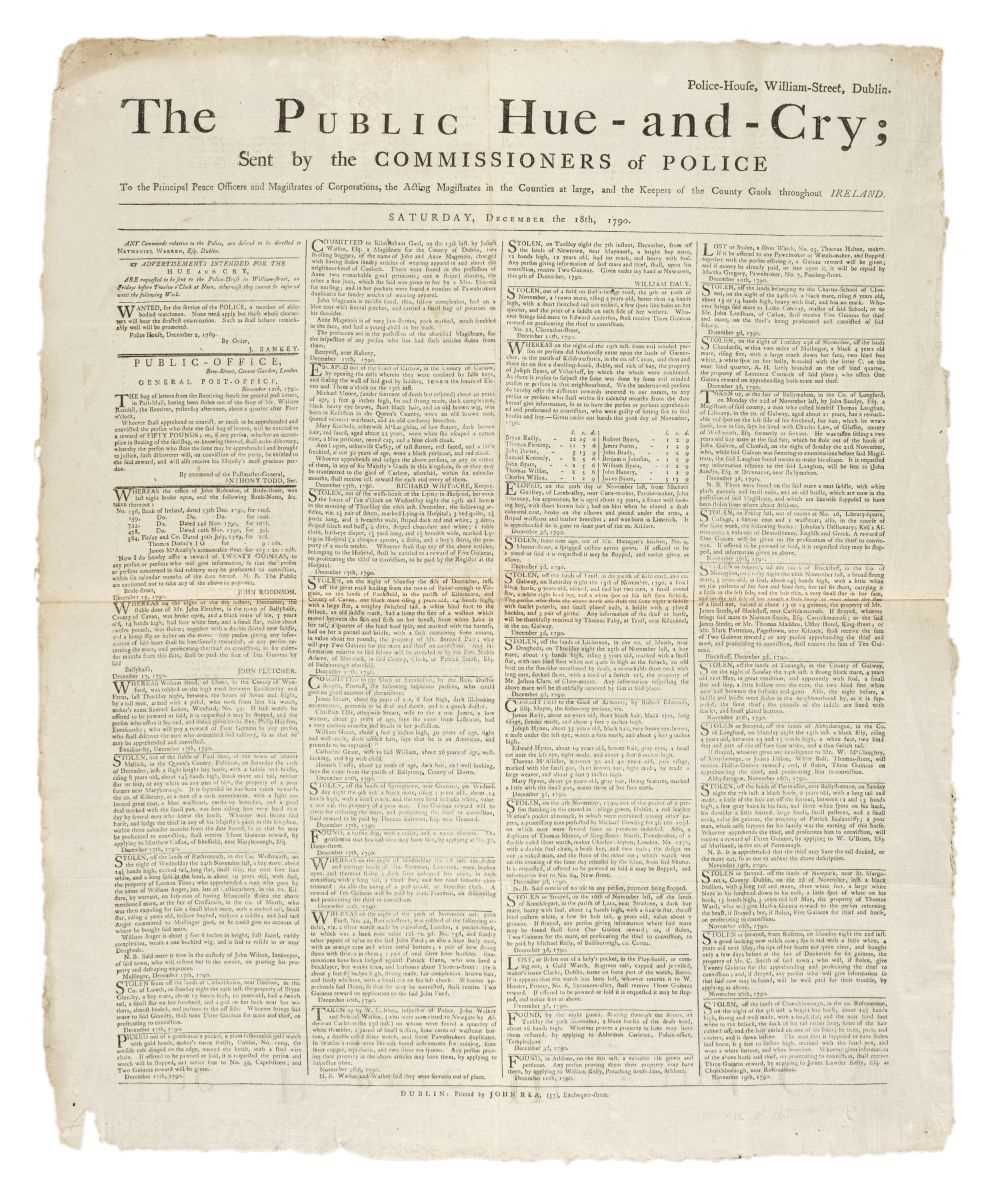 Lot 288 - Irish Crime Broadside. The Public Hue-and-Cry; Sent by the Commissioners of Police