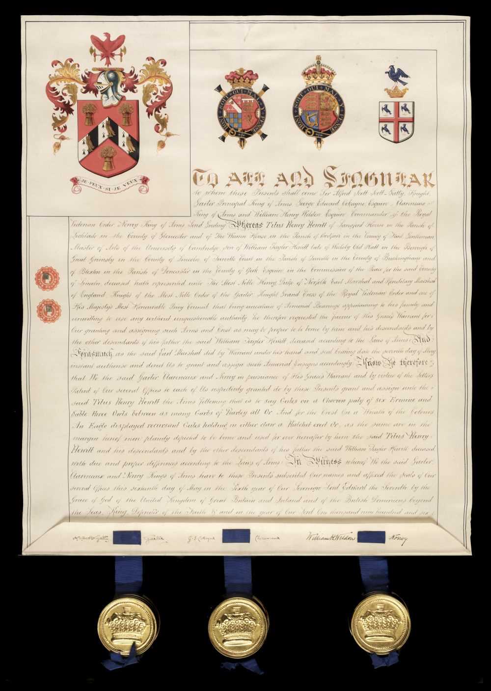 Lot 282 - Grant of Arms. Manuscript grant of arms for