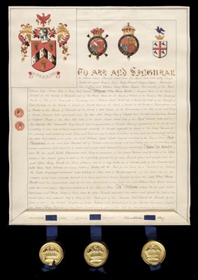 Lot 282 - Grant of Arms. Manuscript grant of arms for Titus Henry Hewitt of Langford House, Glos., 1906