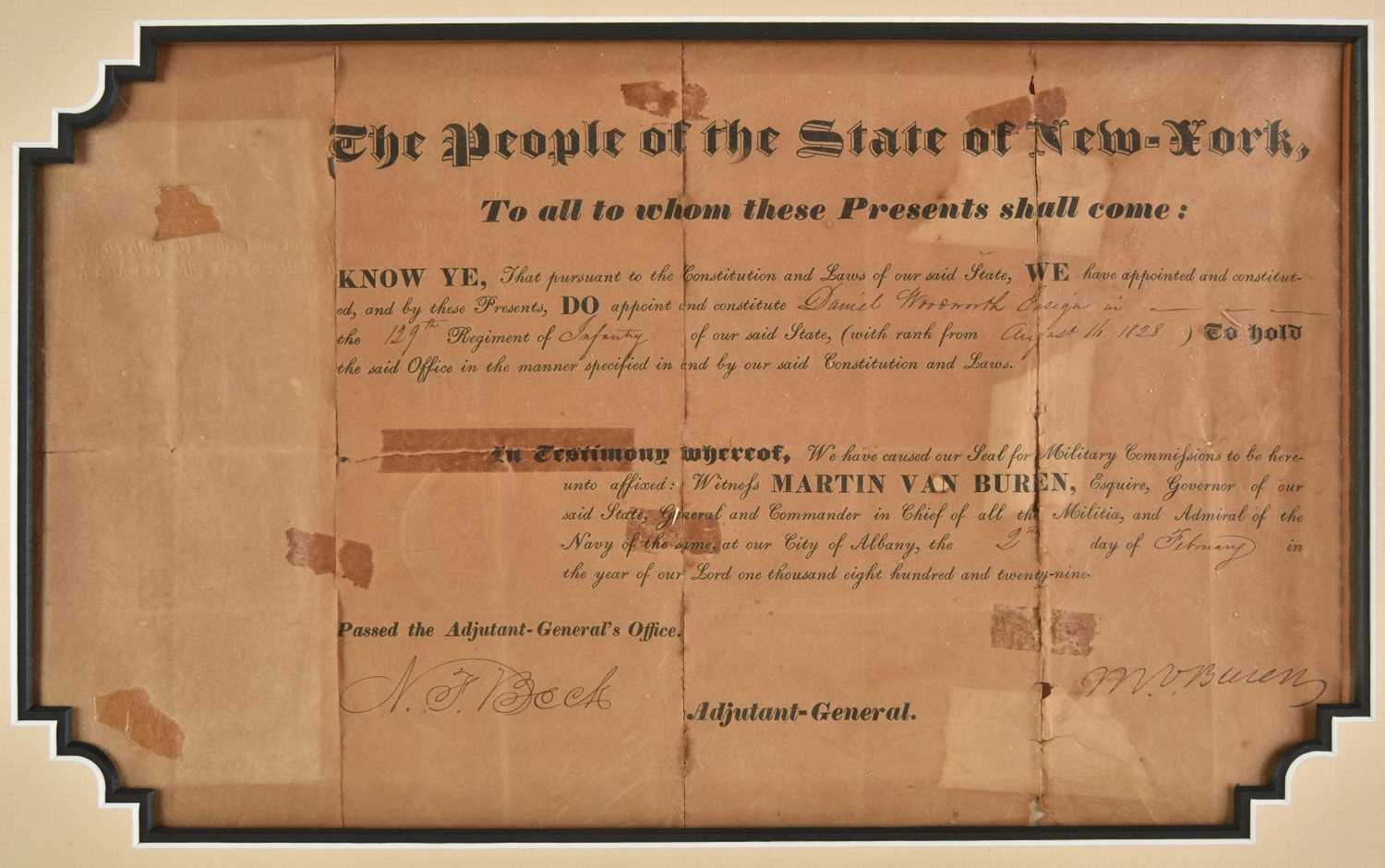 Lot 974 - Van Buren (Martin, 1782-1862). Signed military commission, 'M.V. Buren', Albany, 2 February 1829