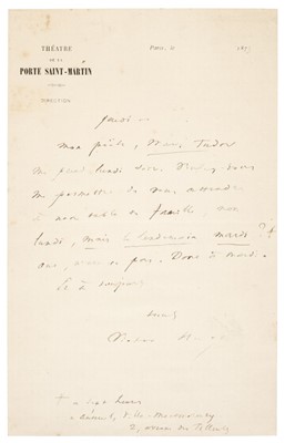Lot 942 - Hugo (Victor, 1802-1885). Autograph Letter Signed, ‘Victor Hugo’