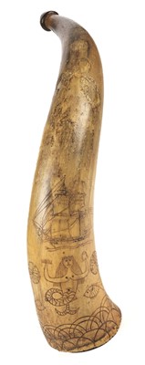 Lot 341 - Powder Horn. A scrimshaw powder horn 18/19th century