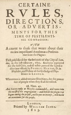 Lot 317 - Herring (Francis). Certaine rules, directions ... for this time of pestilentiall contagion, 1625