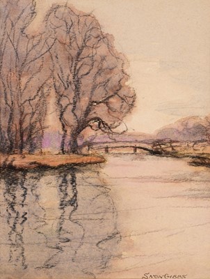 Lot 117 - Gibbs (Snow, 1882-circa 1970). Lake scene with trees and a bridge