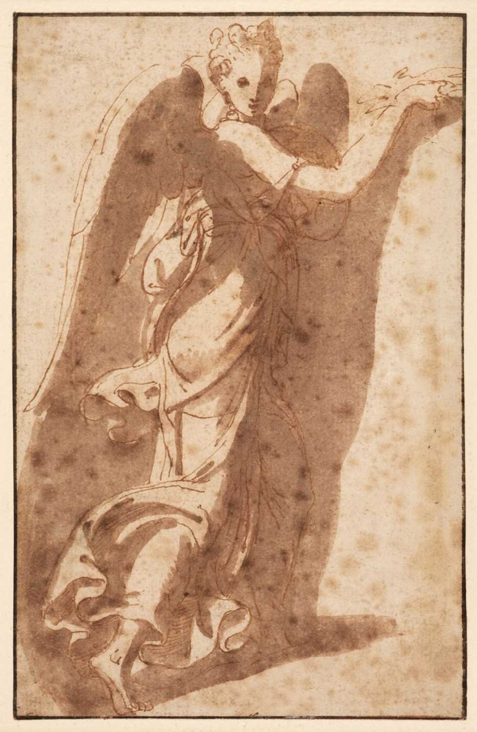 9 - India (Bernardino, Verona 1528-1590, attributed), Striding Angel. pen and ink, brush and wash