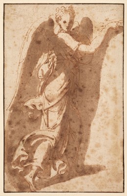Lot 9 - India (Bernardino, Verona 1528-1590, attributed), Striding Angel. pen and ink, brush and wash