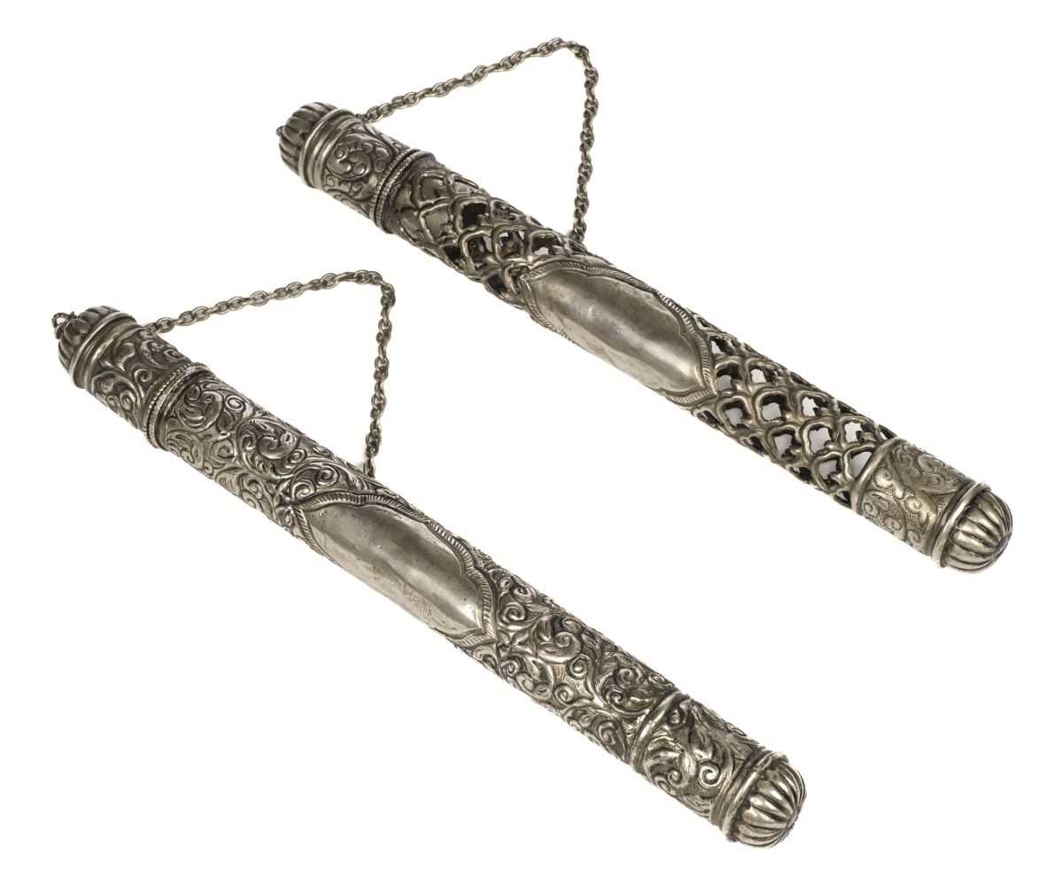 Lot 482 - Scroll Holders. Tibetan white metal scroll holders