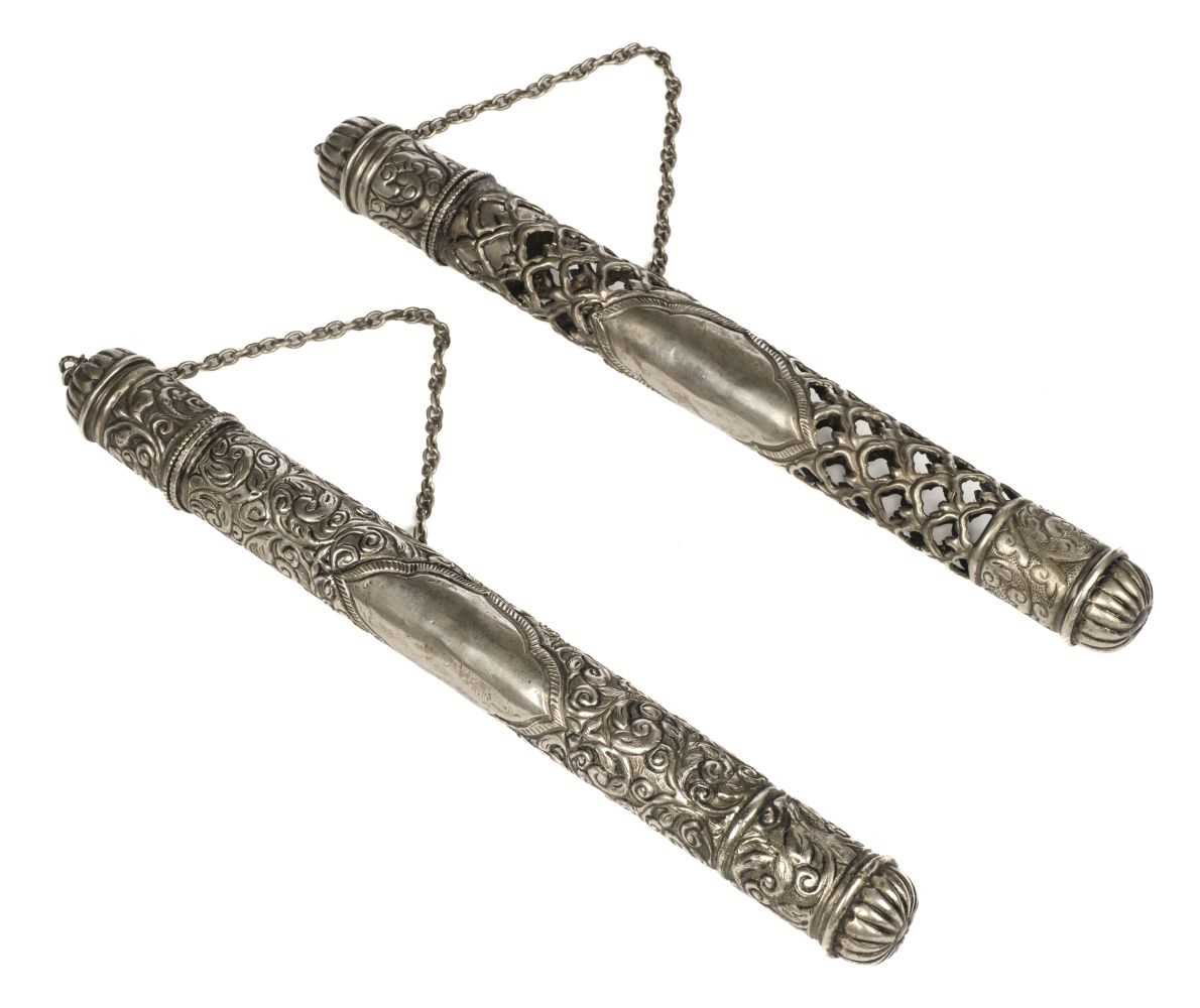 Lot 482 - Scroll Holders. Tibetan white metal scroll
