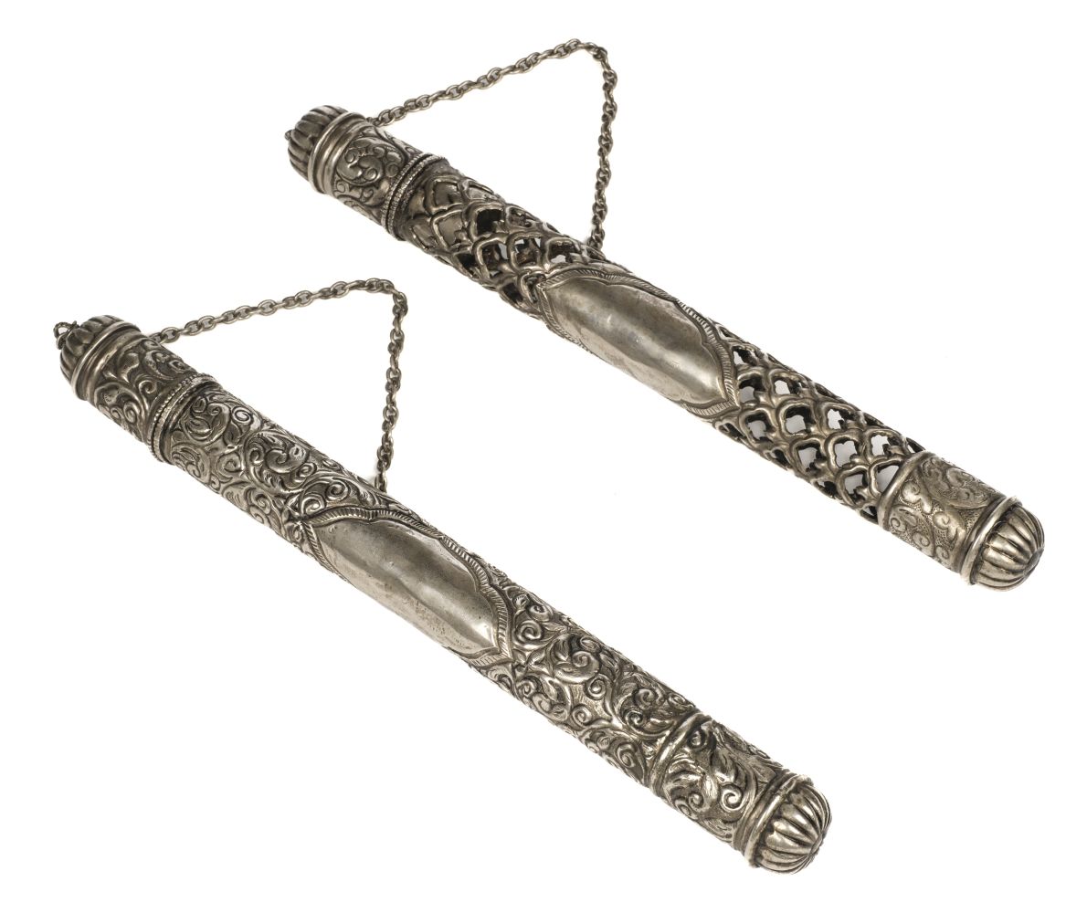 Scroll Holders. Tibetan white metal scroll holders