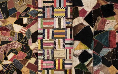 Lot 591 - Quilts. A sticks and crazy pattern patchwork quilt, late 19th century, & 2 others