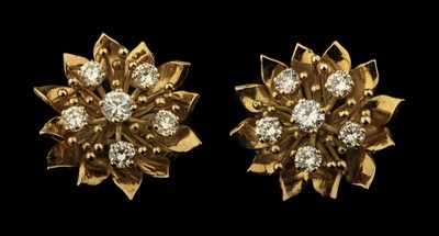 Lot 371 - Earrings. A modern pair of 18ct gold and diamond clip-on earrings