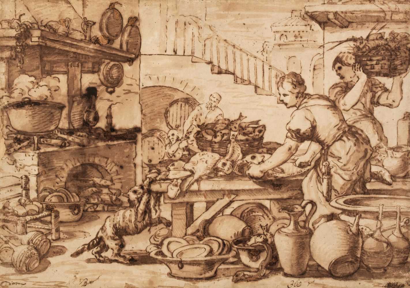 8 - Giordano (Luca, Naples 1634-1705, attributed), Women in a Kitchen, pen and brown ink