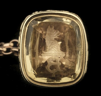 Lot 377 - Fob. A Victorian yellow metal fob on a 9ct gold chain