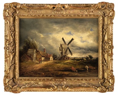 Lot 121 - Moore (John, 1824-1908). Rural landscape with farm buildings and windmill, oil on panel