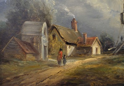 Lot 121 - Moore (John, 1824-1908). Rural landscape with farm buildings and windmill, oil on panel