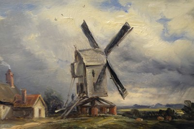 Lot 121 - Moore (John, 1824-1908). Rural landscape with farm buildings and windmill, oil on panel