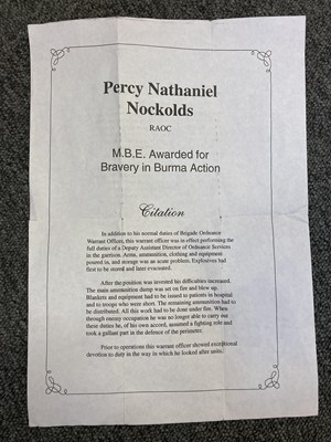 Lot 415 - MBE: Percy Nathaniel Nockolds, Royal Army Ordnance Corps for Bravery in Burma