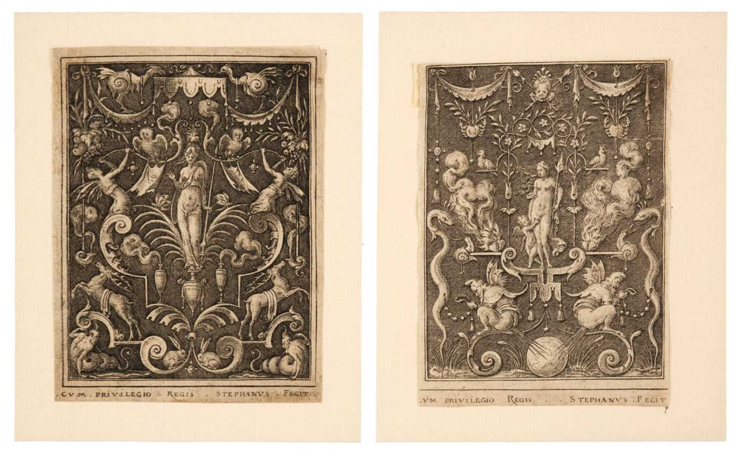 Lot 46 - Delaune (Étienne, 1518-1595). Two Grotesques: Venus and Cupid, and Minerva, engravings, circa 1565