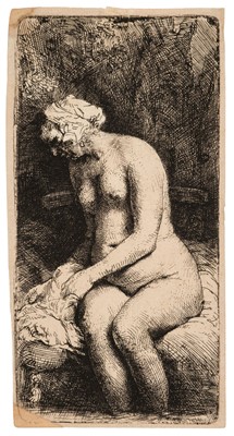 Lot 71 - Rembrandt (1606 – 1669). Woman Bathing Her Feet at a Brook, 1658, etching, first state