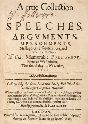Lot 218 - English Civil War. A true collection of speeches, arguments..., begun ... November, 1640, pub. 1659