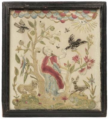 Lot 157 - Embroidered panels. A pair of framed decorative panels, 18th century