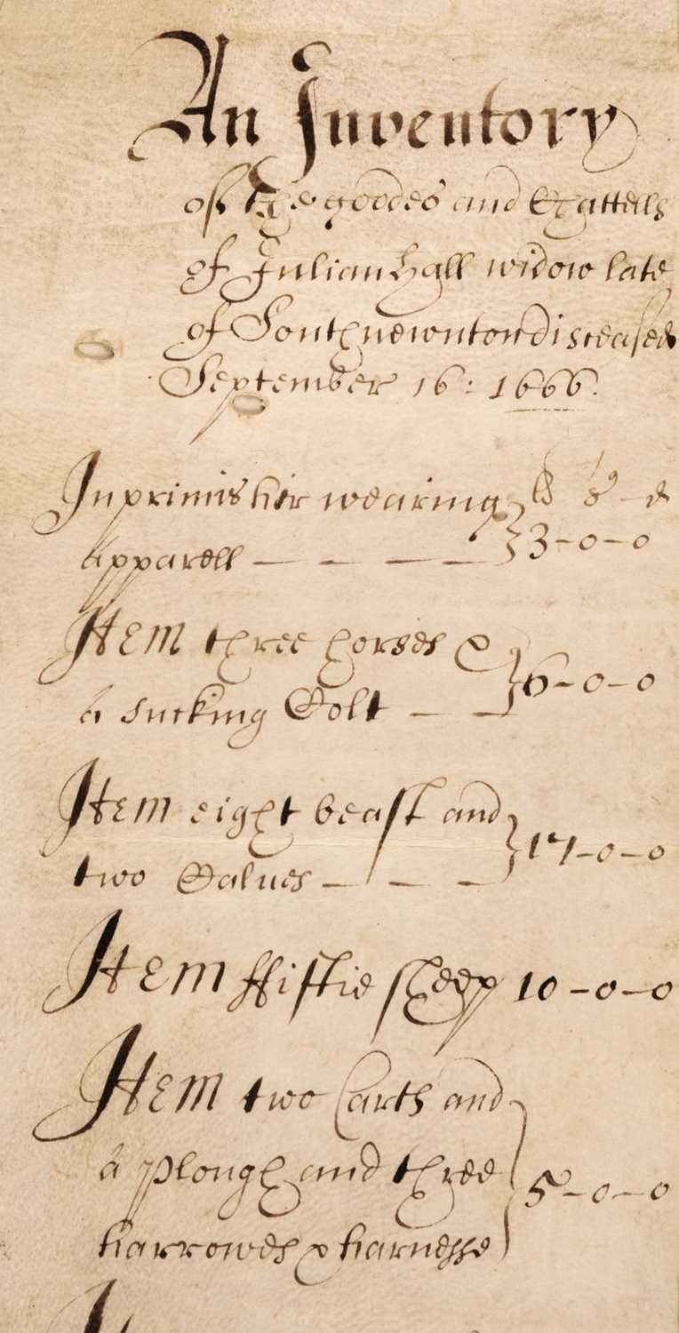 Lot 170 - Manuscript inventory. Inventory of goods & chattels of Julian Hall widow, South Newton, Sep. 16 1666