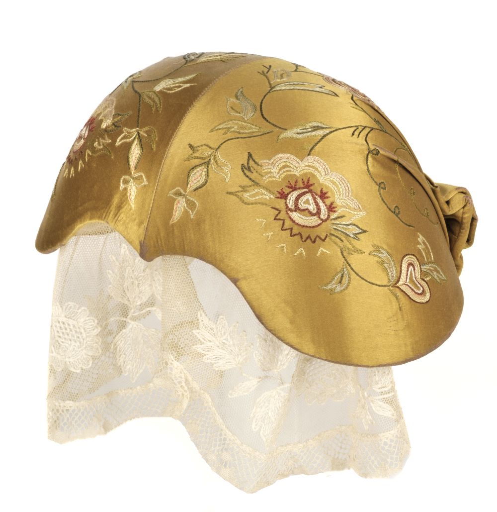 Lot 576 - Hats. A tambour work silk bonnet, Sweden,