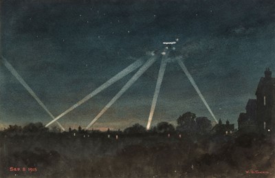 Lot 287 - Tomkin (William Stephen, 1861-1940). Searchlights during a Zeppelin raid over London, 1915