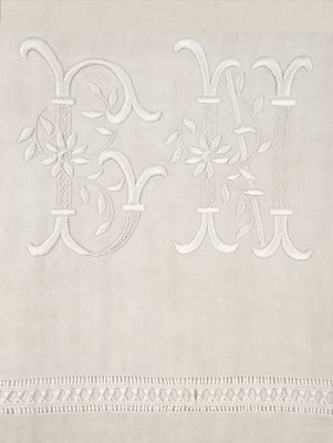 Lot 530 - Bed Linen.  A monogrammed French linen sheet, early 20th century