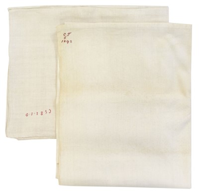 Lot 533 - Bed Linen. A pair of 19th century French linen sheets, 1853 & 1892