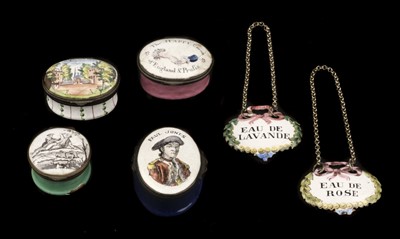 Lot 313 - Bilston Enamel Boxes. Four boxes including American Independence interest