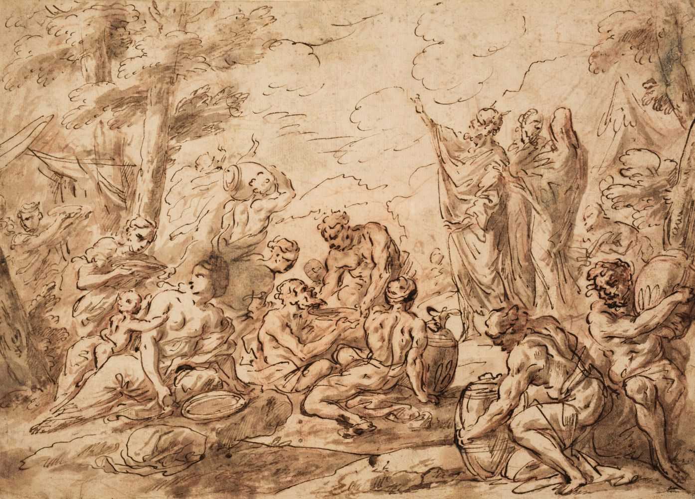 Lot 3 - Carlone (Giovanni Andrea, 1639-1697, attributed to). Gathering of Manna, pen and brown ink