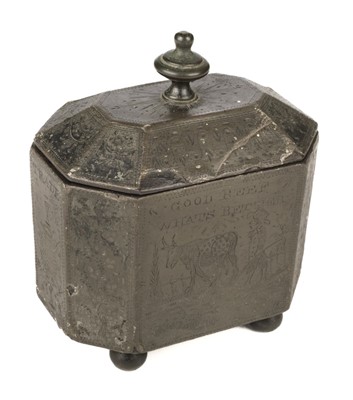 Lot 356 - Tobacco Box. A George III period 'Folk Art' pewter tobacco box circa 1820