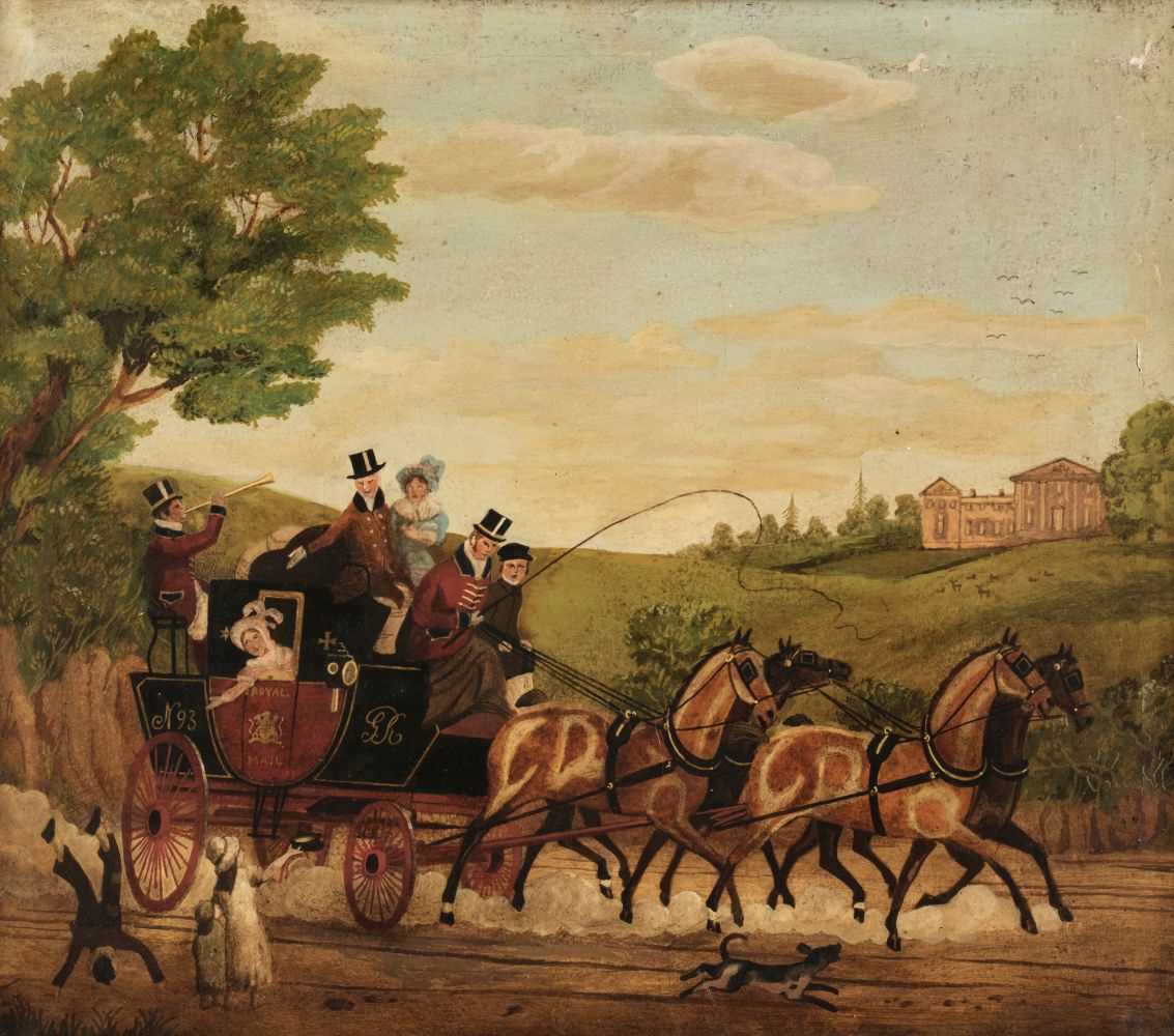 Lot 111 - English Naïve C19th School. A Royal Mail coach and four with street acrobats, oil on canvas