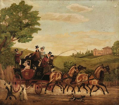 Lot 111 - English Naïve C19th School. A Royal Mail coach and four with street acrobats, oil on canvas