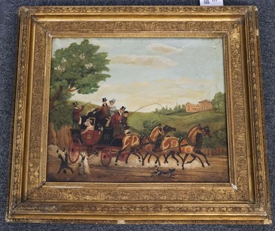 Lot 111 - English Naïve C19th School. A Royal Mail coach and four with street acrobats, oil on canvas