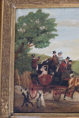 Lot 111 - English Naïve C19th School. A Royal Mail coach and four with street acrobats, oil on canvas