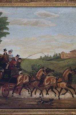 Lot 111 - English Naïve C19th School. A Royal Mail coach and four with street acrobats, oil on canvas