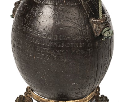 Lot 320 - Coconut Powder Flask. A fine coconut powder flask carved by J Stevinson, 45th Foot 1823
