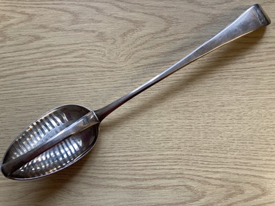 Lot 445 - Straining Spoon. A George III silver straining spoon by Hester Bateman, London 1788