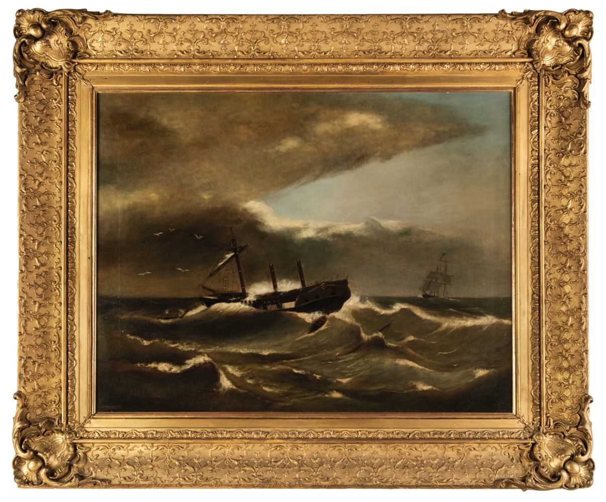 Lot 128 - Wellinger, A. A de-masted square-rigged boat in distress,  oil on canvas, signed