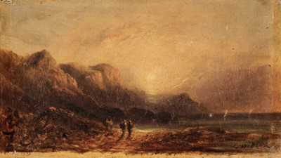 Lot 109 - Attributed to David Cox (1783-1859),  Sunset on the Welsh Coast, oil on canvas, with signature