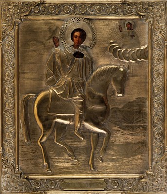 Lot 123 - Russian icon of Saint Tryphon on a horse with angelic figure to upper right corner, 19th-century